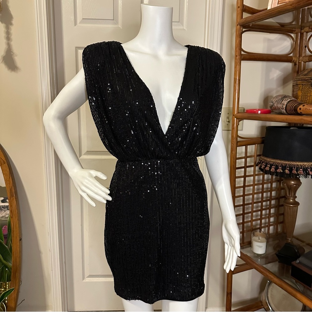 Black Sequin Mini Dress with Plunge Neckline